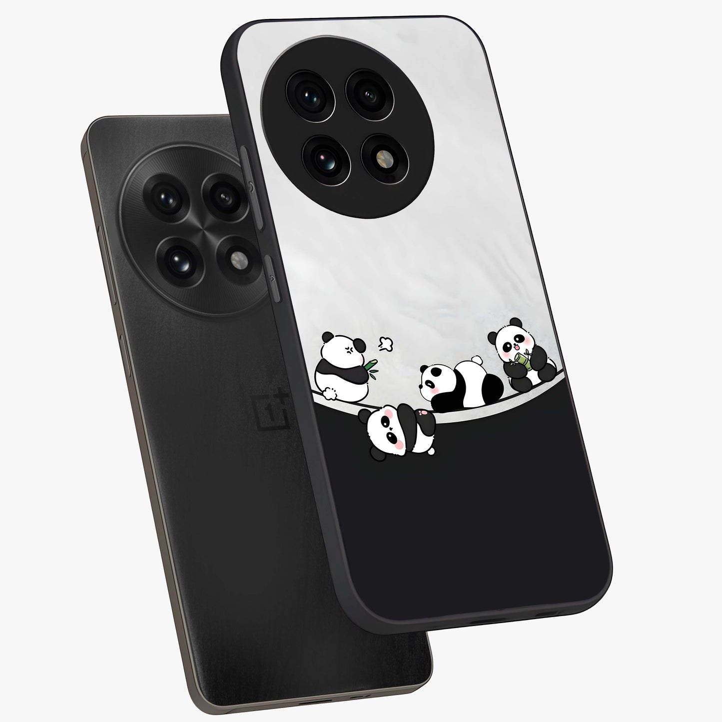 Playful Panda Parade Glass Case for 1+13R angled mockup showcasing glossy finish and soft pastel tones
