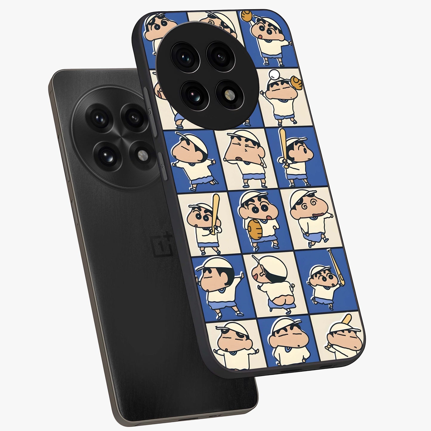 Playful Shin Swing Glass Case for 1+13R angled mockup showcasing glossy finish and vibrant cartoon detailing