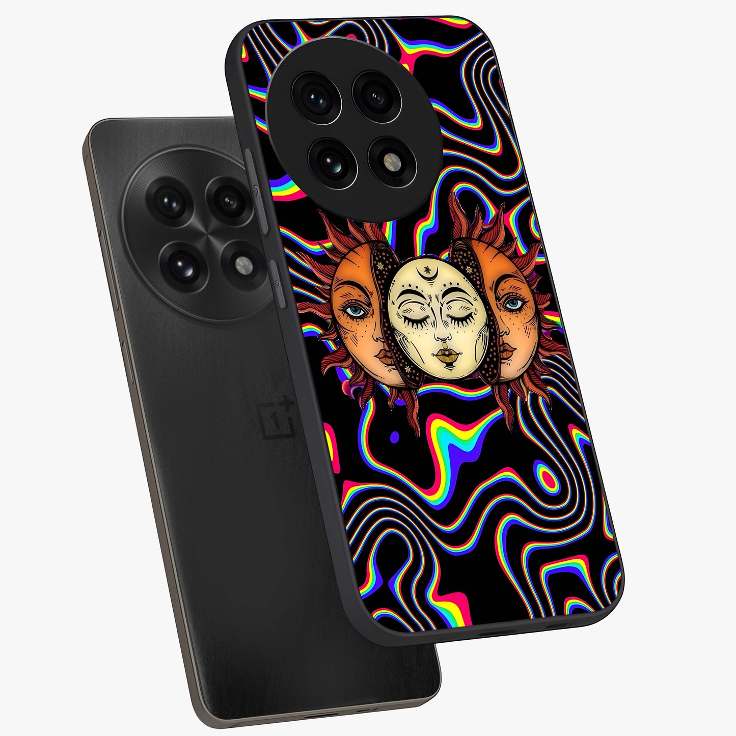 Psychedelic Sun Glass Case for 1+13R angled mockup showcasing glossy finish and bold abstract detailing