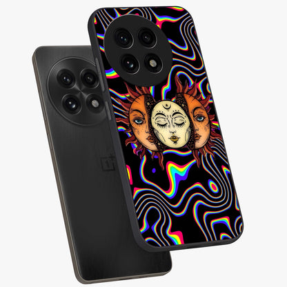 Psychedelic Sun Glass Case for 1+13R angled mockup showcasing glossy finish and bold abstract detailing