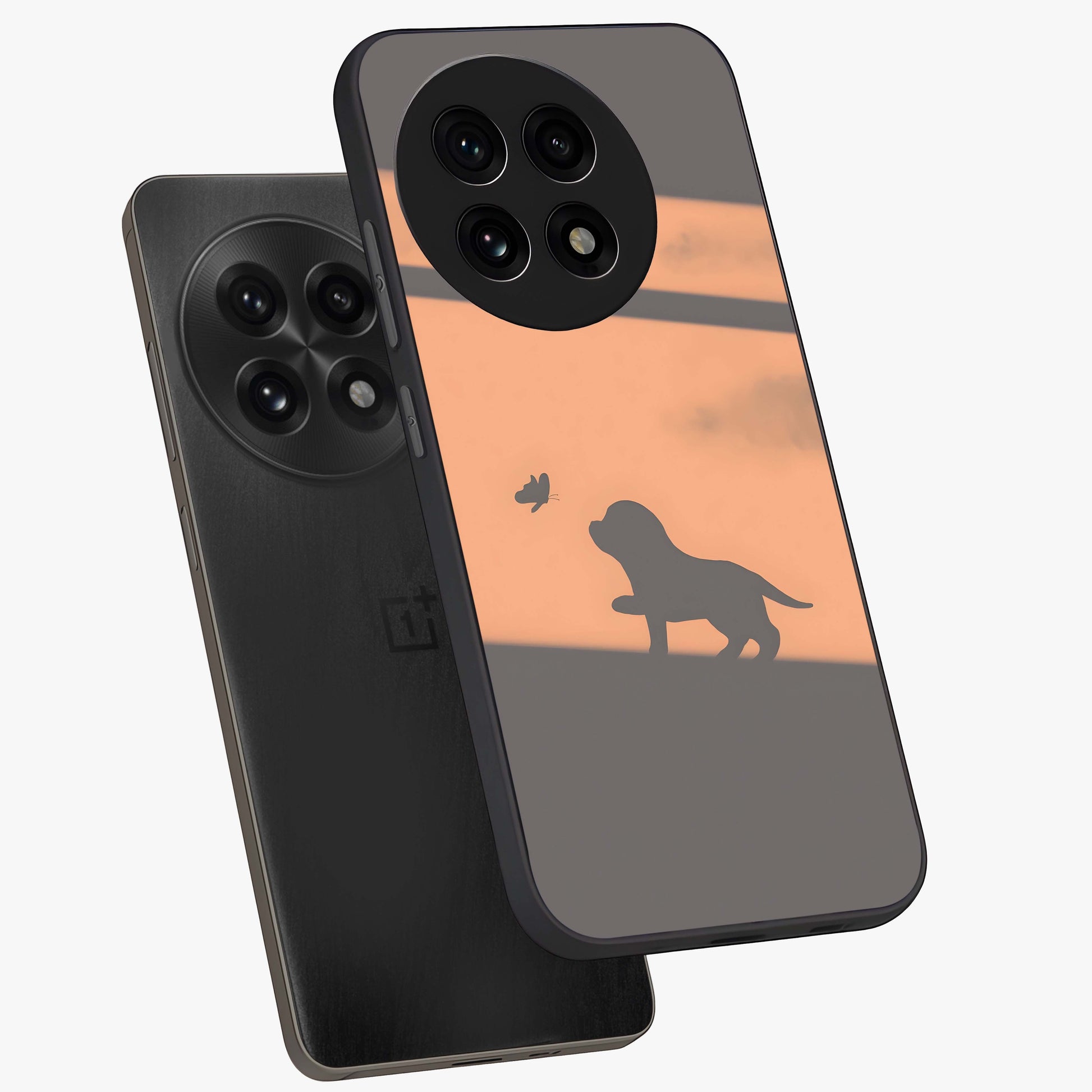 Puppy Shadow Art Glass Case for 1+13R angled mockup showcasing glossy finish and soft shadow detailing