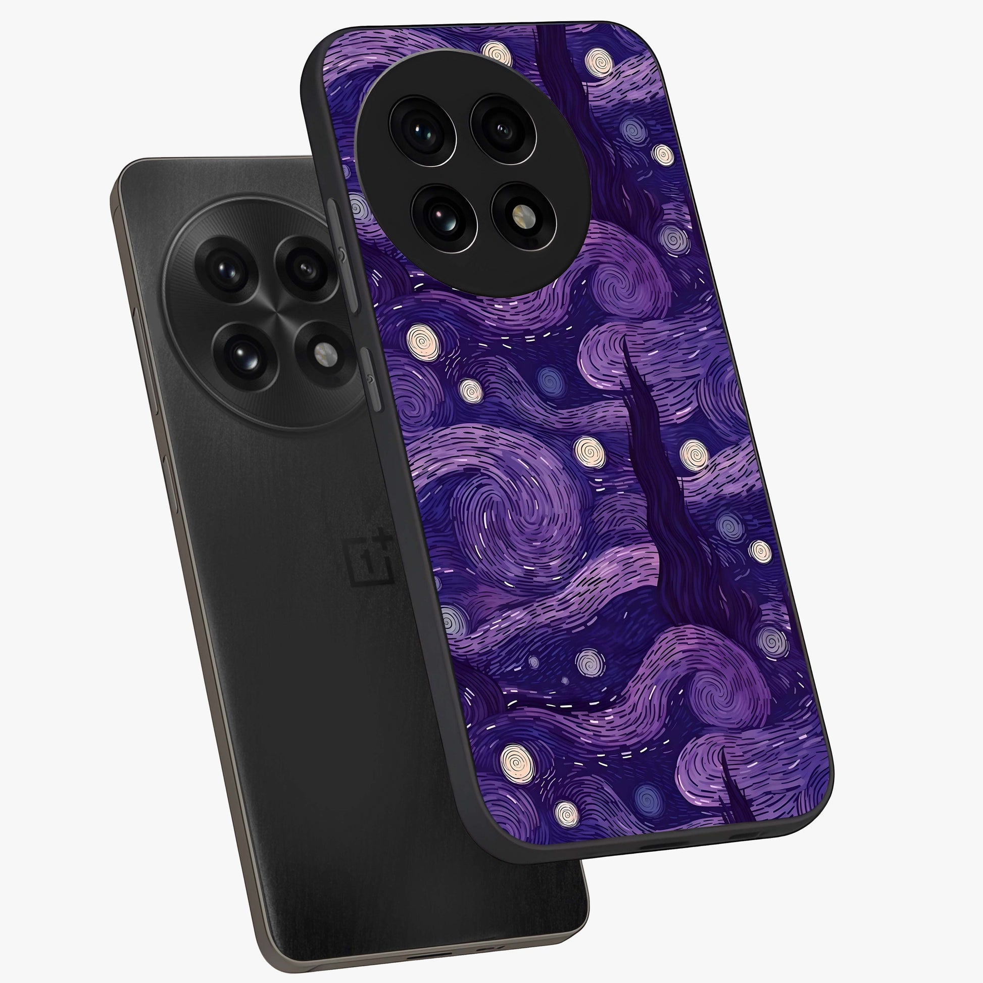 Purple Swirls Glass Case for 1+13R angled mockup showcasing glossy finish and smooth gradient detailing