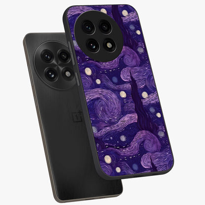 Purple Swirls Glass Case for 1+13R angled mockup showcasing glossy finish and smooth gradient detailing
