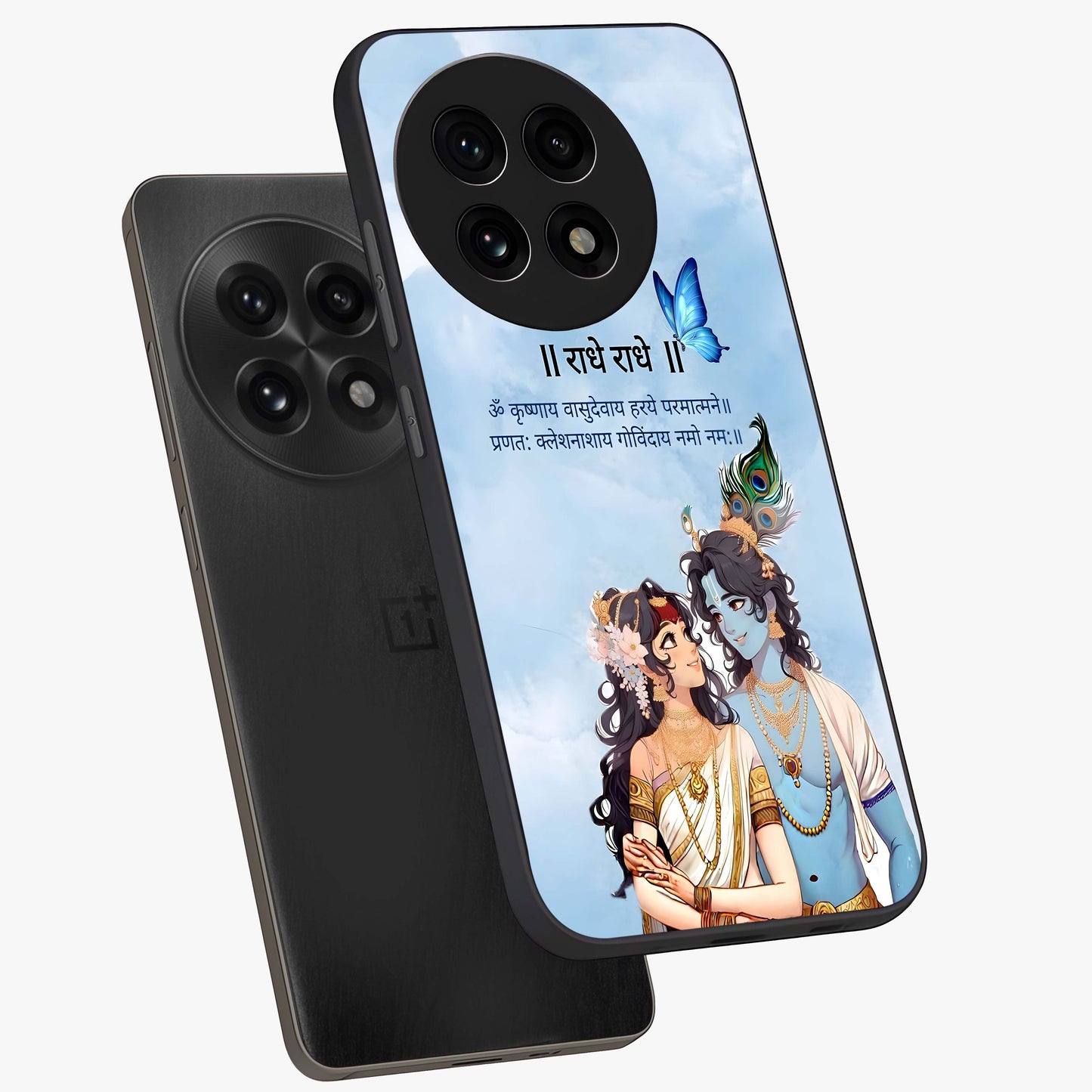 Radha Krishna Eternal Glass Case for 1+13R angled mockup showcasing glossy finish and rich cultural tones