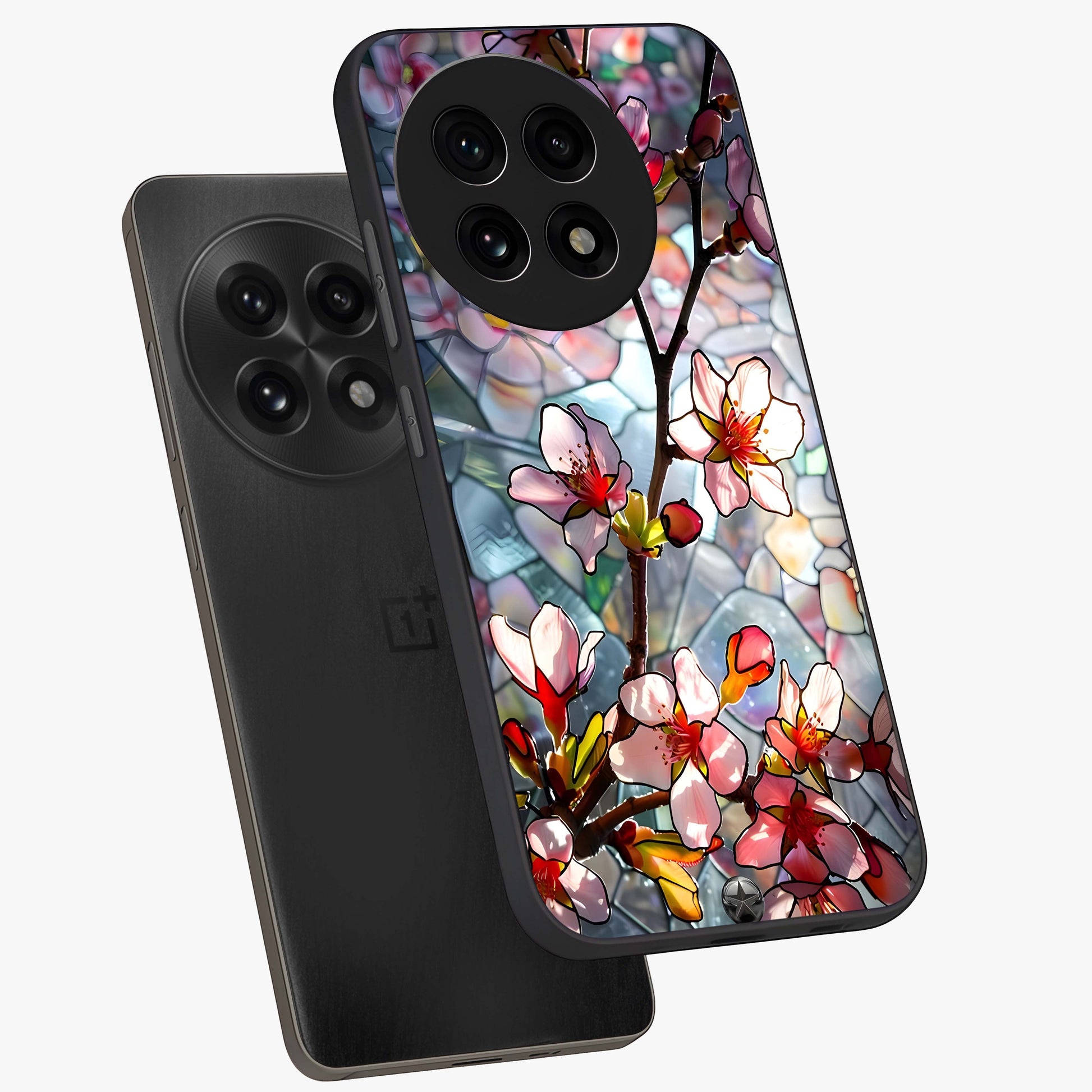 Radiant Bloom Glow Glass Case for 1+13R angled mockup showcasing glossy finish and luminous detailing