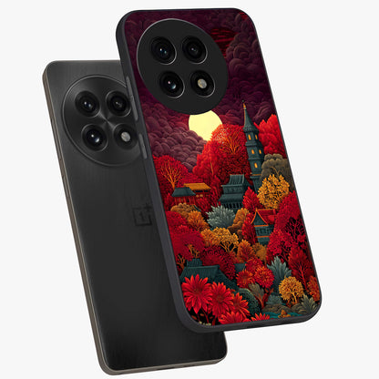 Red Scenery Hot Glass Case for 1+13R angled mockup showcasing glossy finish and intense sunset tones