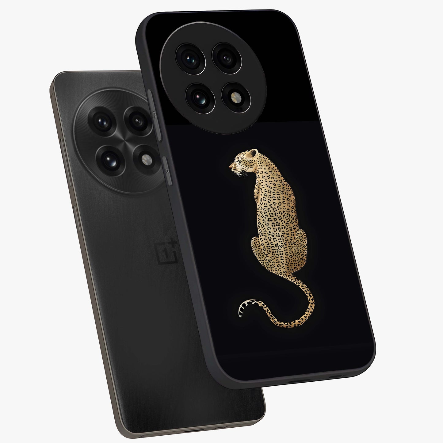 Regal Leopard Glass Case for 1+13R angled mockup showcasing glossy glass finish and detailed animal textures