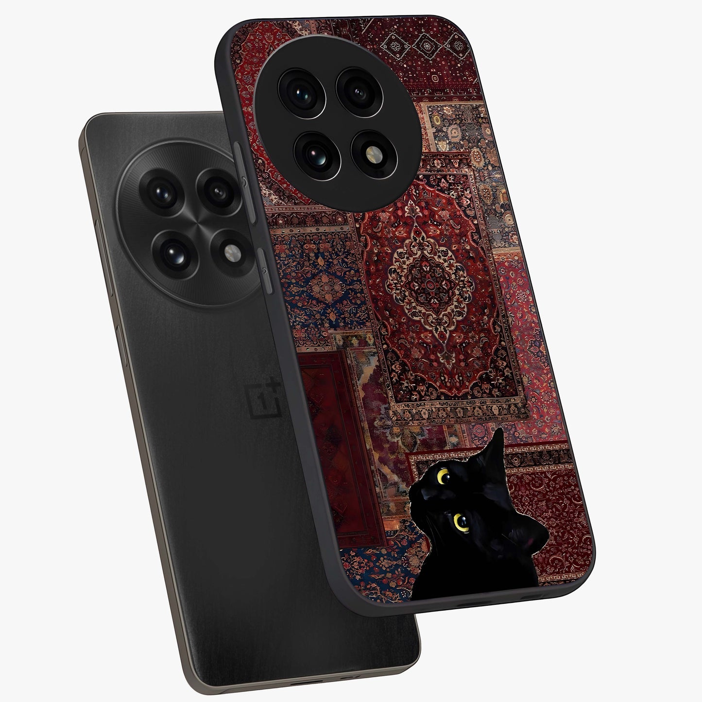 Regal Magic Cat Apple Glass Case for 1+13R angled mockup showcasing glossy finish and vibrant illustration detailing