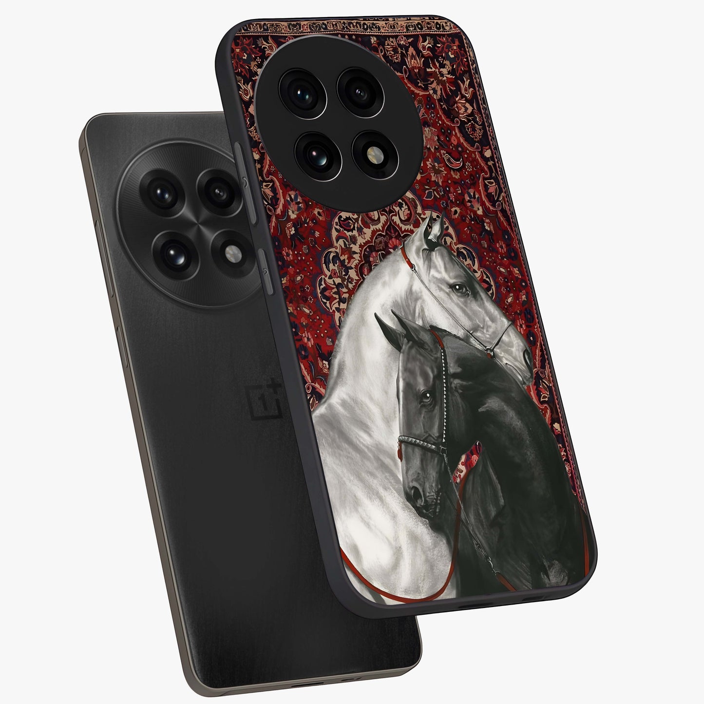 Regal Stallion Tapestry Glass Case for 1+13R angled mockup showcasing glossy finish and rich ornamental tones