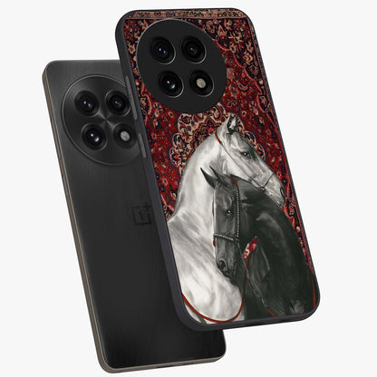 Regal Stallion Tapestry Glass Case for 1+13R angled mockup showcasing glossy finish and rich ornamental tones