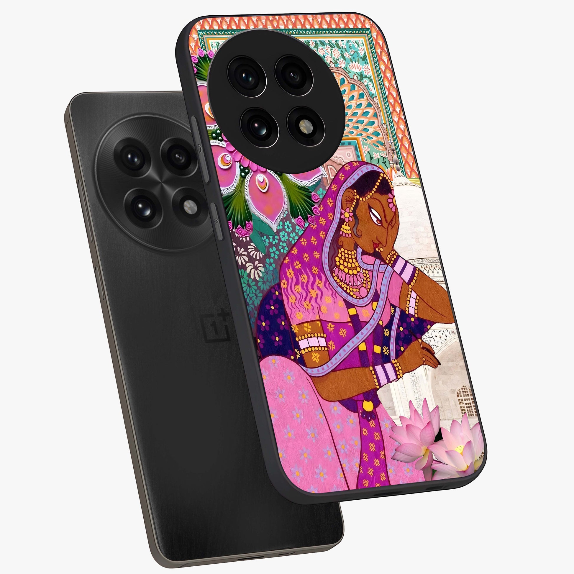 Royal Lotus Muse Glass Case for 1+13R angled mockup showcasing glossy finish and refined floral tones
