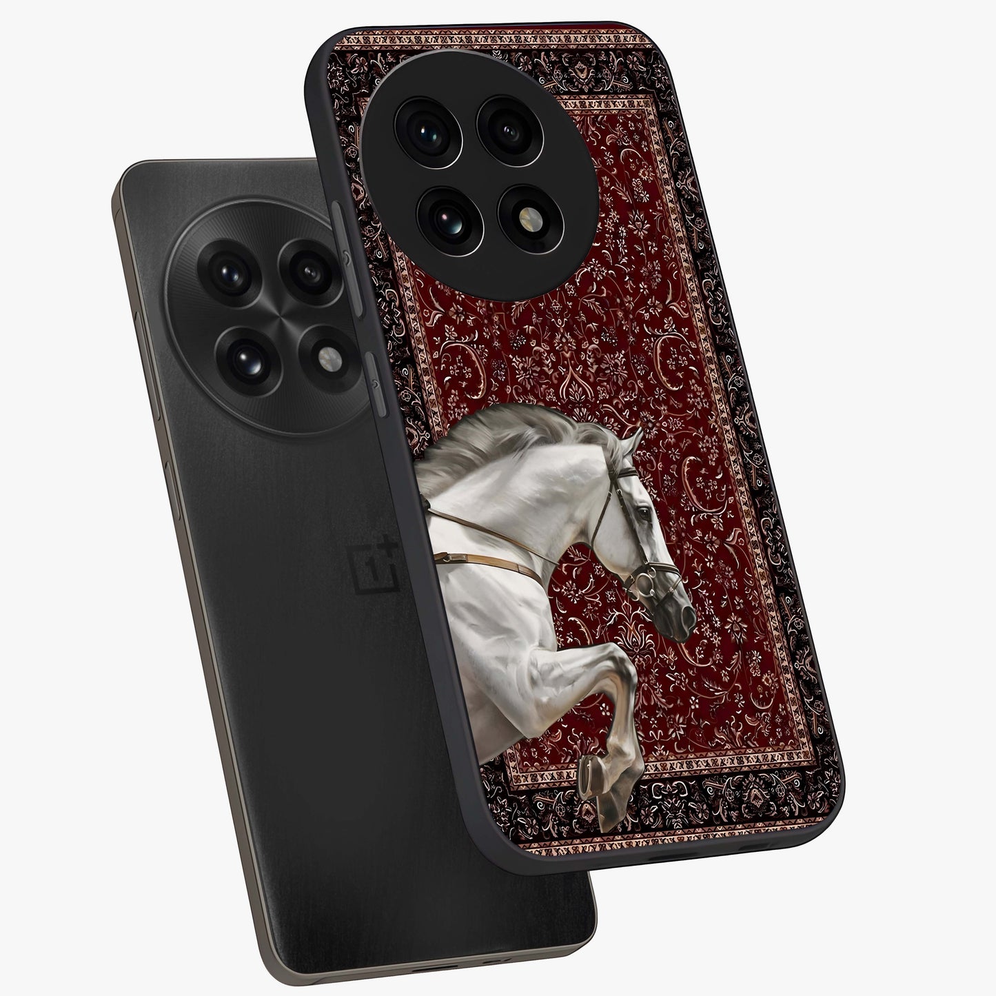 Royal Rider Tapestry Glass Case for 1+13R angled mockup showcasing glossy finish and heritage inspired detailing