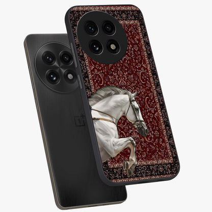Royal Rider Tapestry Glass Case for 1+13R angled mockup showcasing glossy finish and heritage inspired detailing