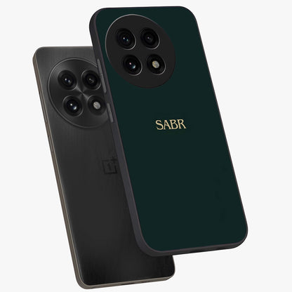 Sabr Minimal Patience Glass Case for 1+13R angled mockup showcasing glossy finish and subtle modern tones