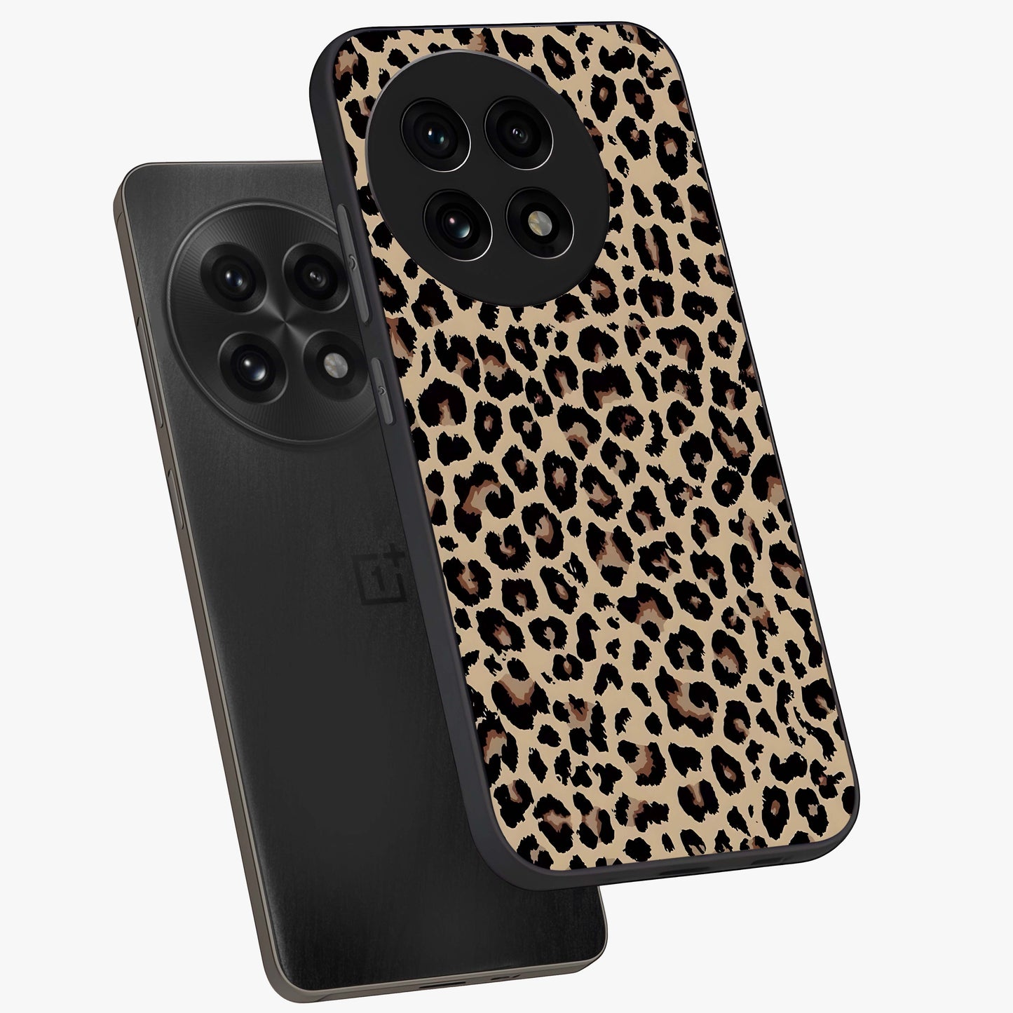 Savage Chic Pattern Glass Case for 1+13R angled mockup showcasing glossy finish and modern graphic detailing
