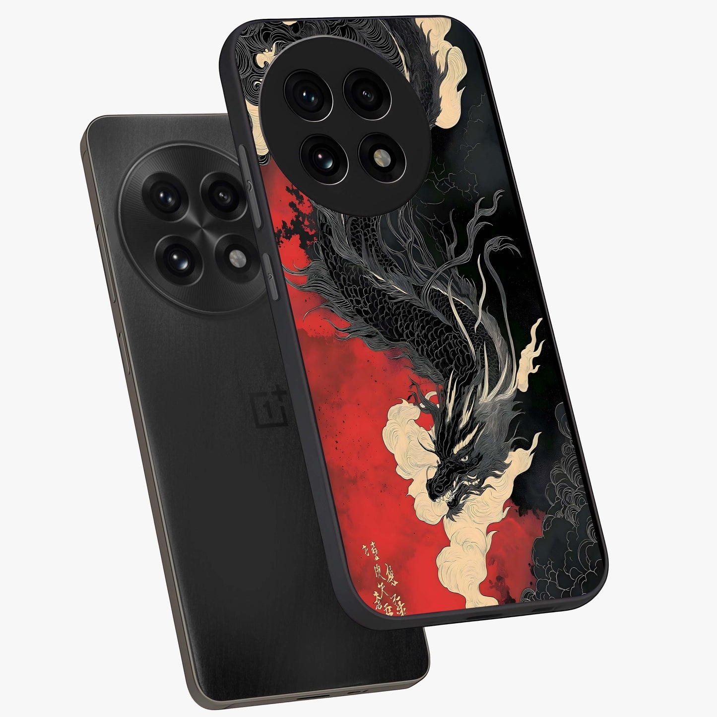 Shadow Dragon Fury Glass Case for 1+13R angled mockup showcasing glossy finish and powerful fantasy detailing