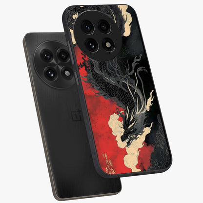 Shadow Dragon Fury Glass Case for 1+13R angled mockup showcasing glossy finish and powerful fantasy detailing