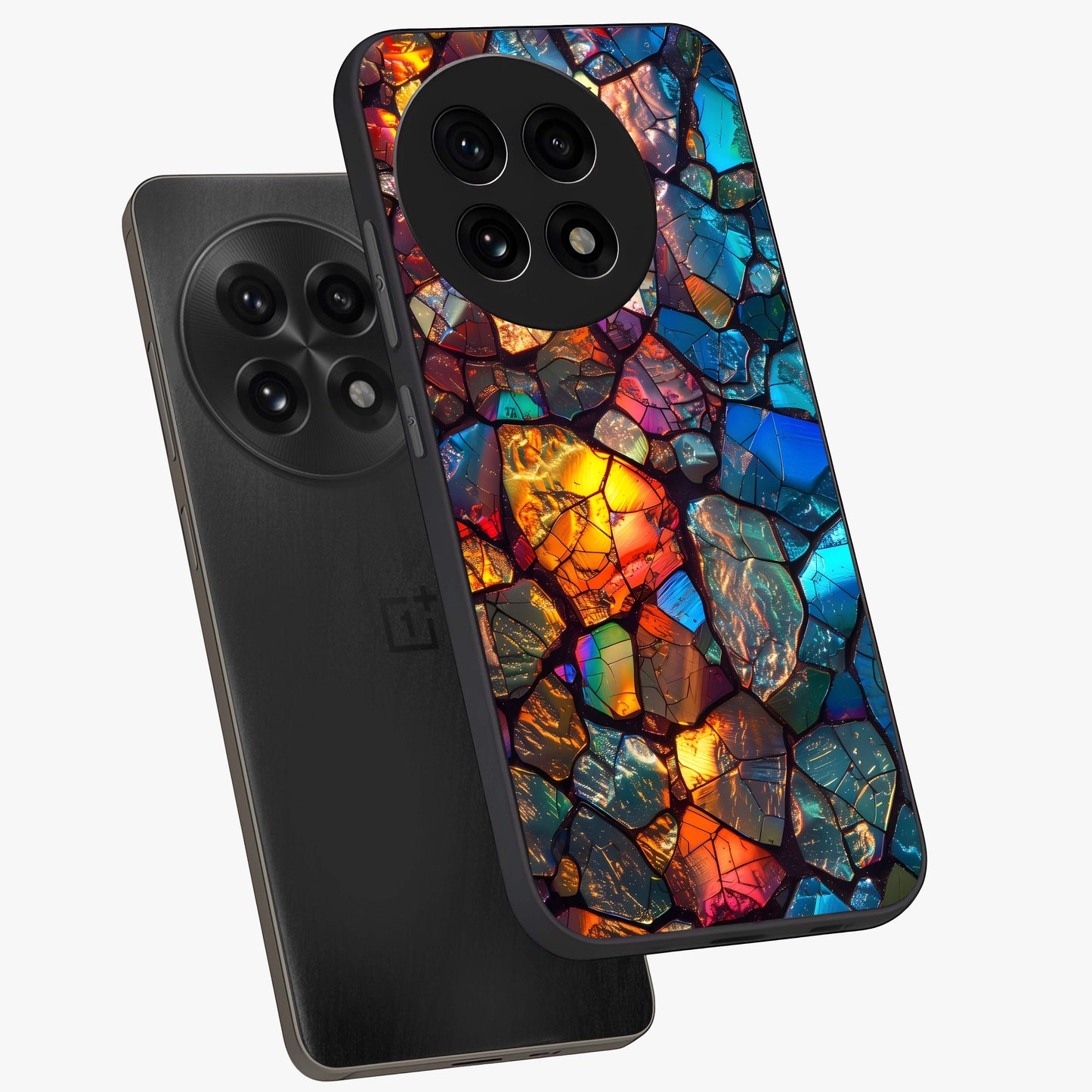 Shattered Light Glass Case for 1+13R angled mockup showcasing glossy finish and high contrast detailing