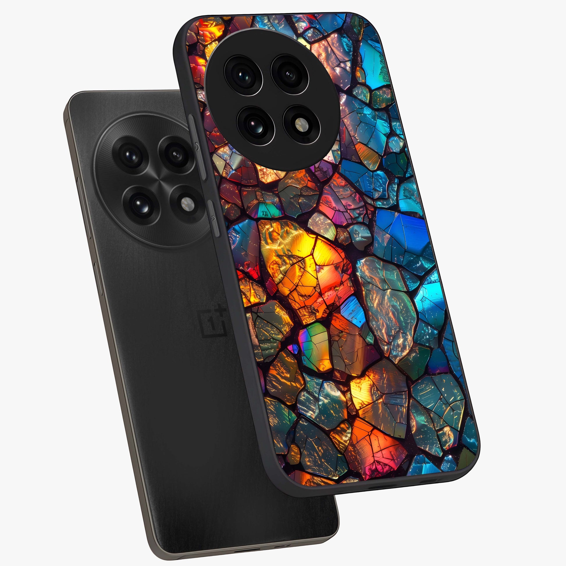Shattered Light Glass Case for 1+13R angled mockup showcasing glossy finish and high contrast detailing