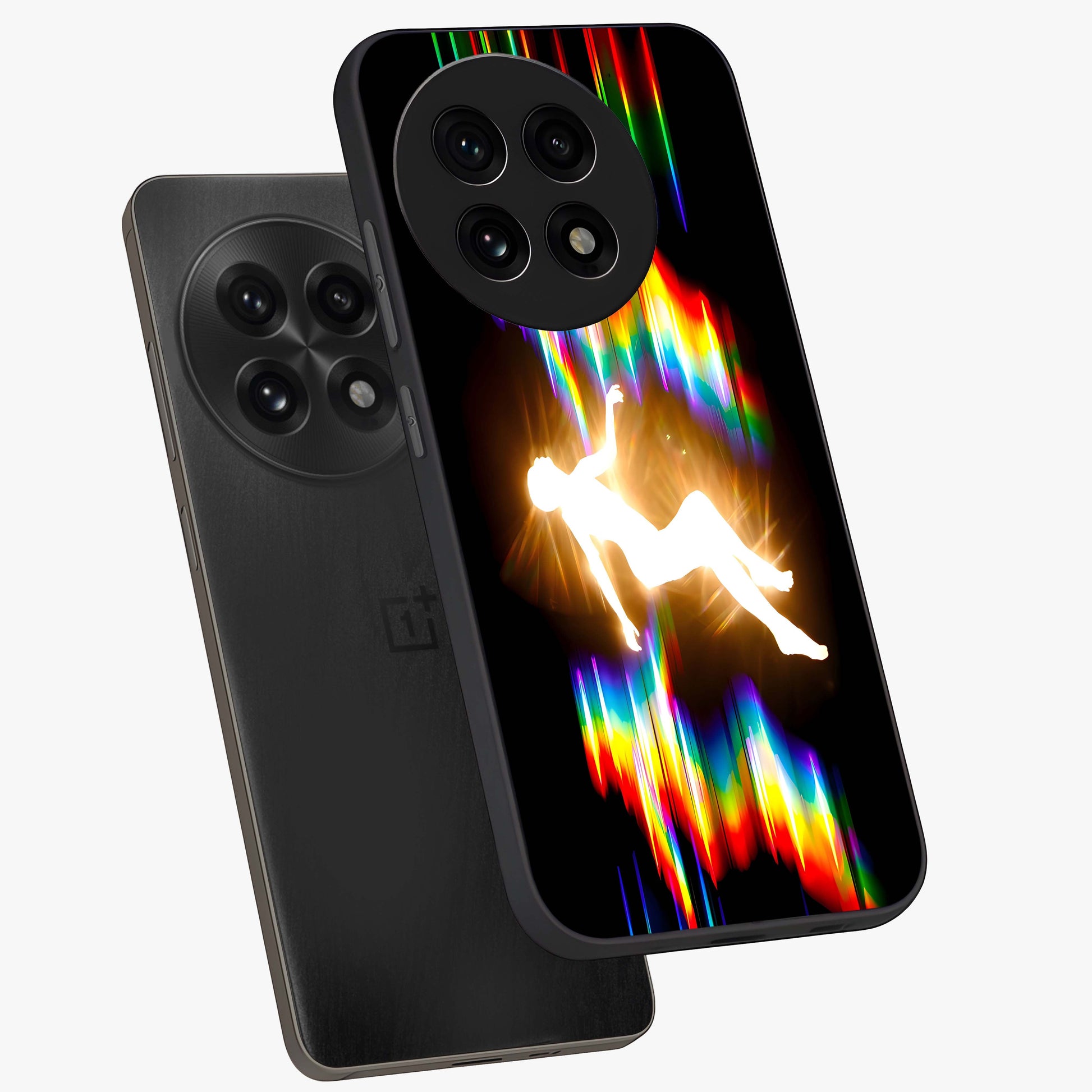 Soul in Spectrum Glass Case for 1+13R angled mockup showcasing glossy finish and vibrant gradient detailing