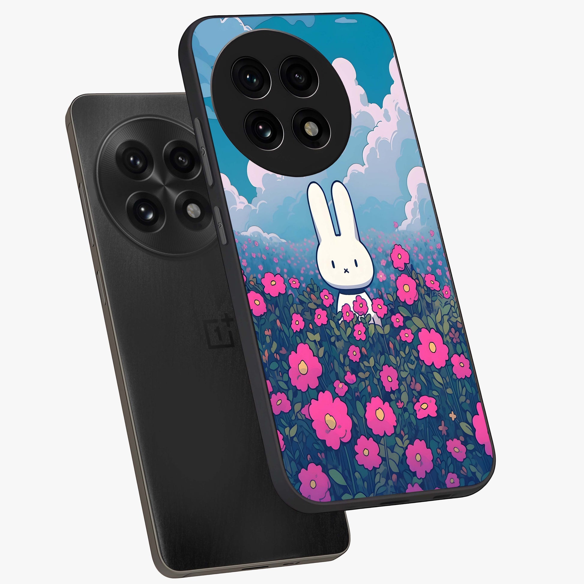 Springtime Blossom Bunny Glass Case for 1+13R angled mockup showcasing glossy finish and soft pastel tones