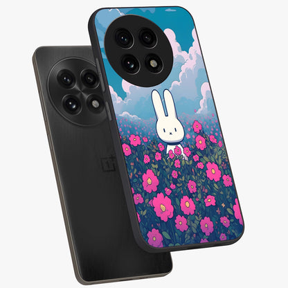 Springtime Blossom Bunny Glass Case for 1+13R angled mockup showcasing glossy finish and soft pastel tones