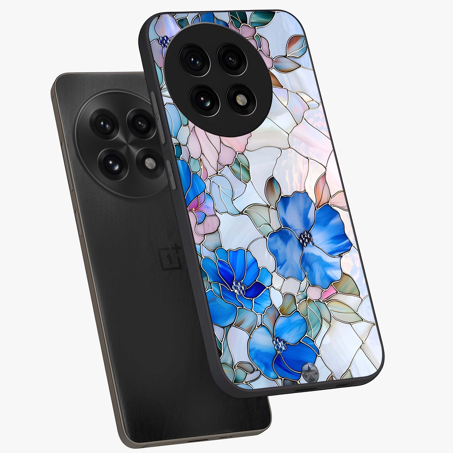 Stained Blue Floral Glass Case for 1+13R angled mockup showcasing glossy glass finish and rich sapphire tones