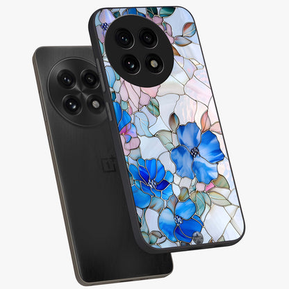 Stained Blue Floral Glass Case for 1+13R angled mockup showcasing glossy glass finish and rich sapphire tones
