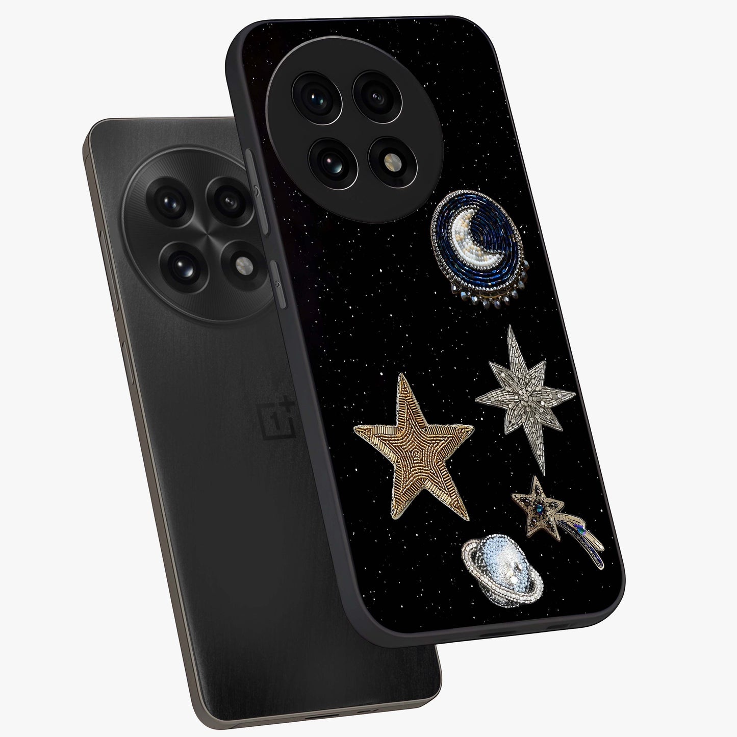 Starlit Cosmic Dreams Glass Case for 1+13R angled mockup showcasing glossy finish and deep space gradients