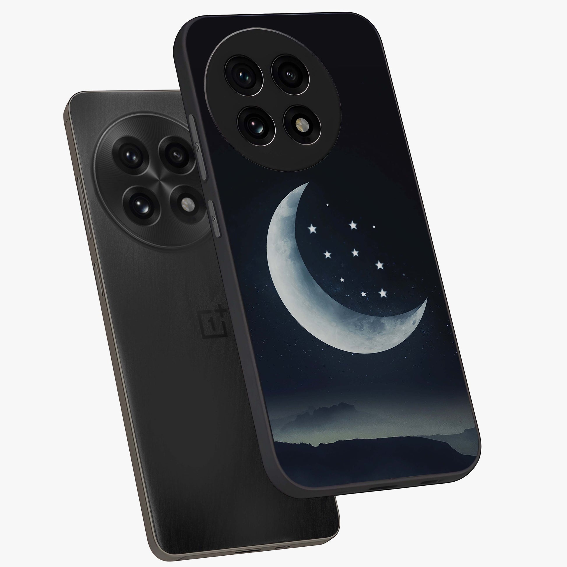 Starry Moon Pattern Glass Case for 1+13R angled mockup showcasing glossy glass finish and deep night tones