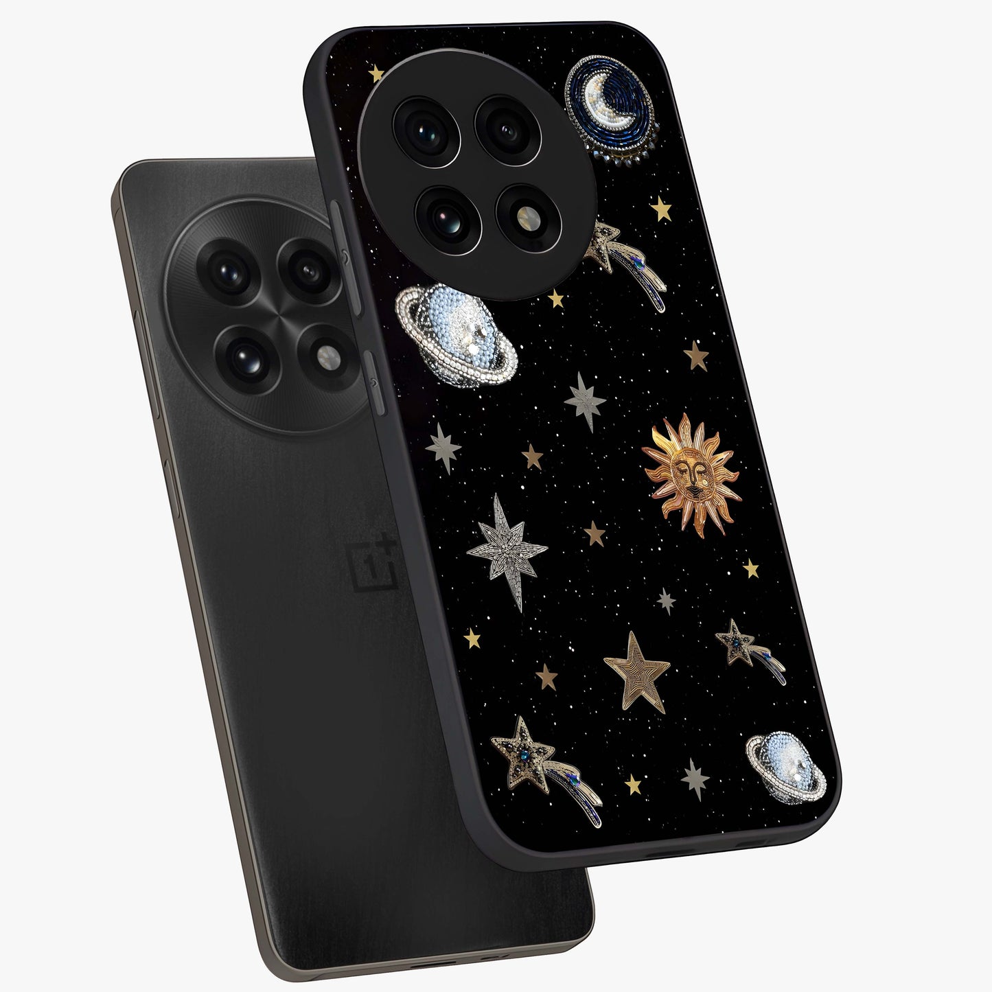 Stars and Planets Brooches Glass Case for 1+13R angled mockup showcasing glossy finish and luminous space tones