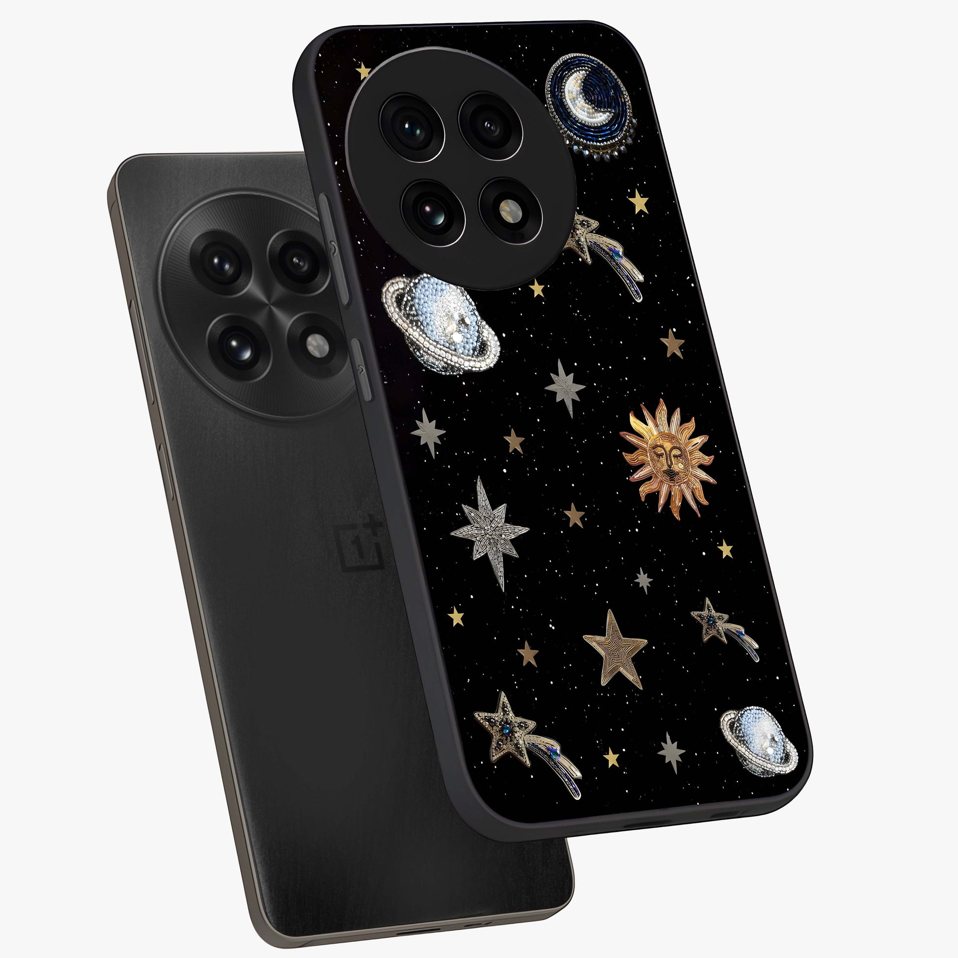 Stars and Planets Brooches Glass Case for 1+13R angled mockup showcasing glossy finish and luminous space tones