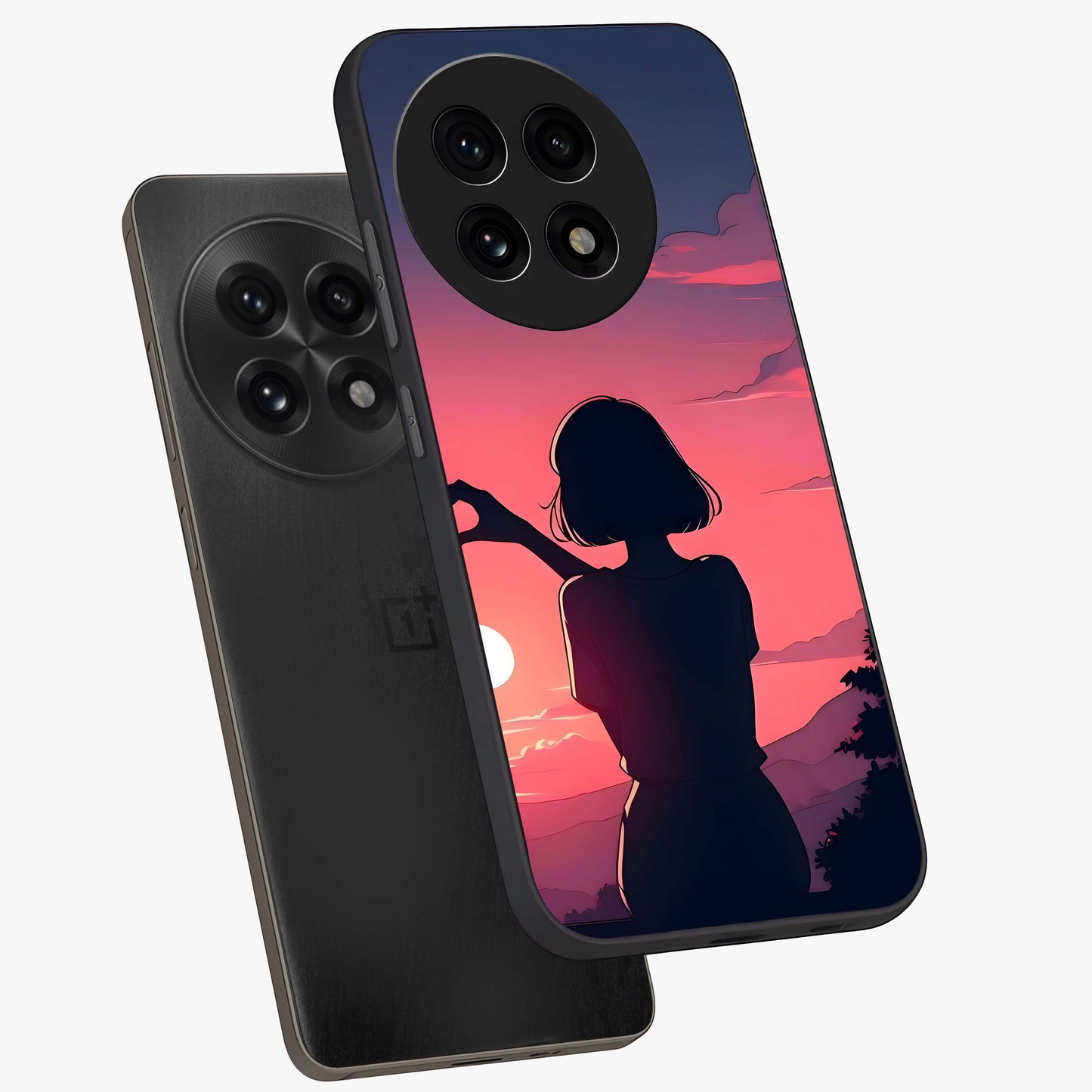Sunset Silhouette Boy Glass Case for 1+13R angled mockup showcasing glossy finish and rich orange tones