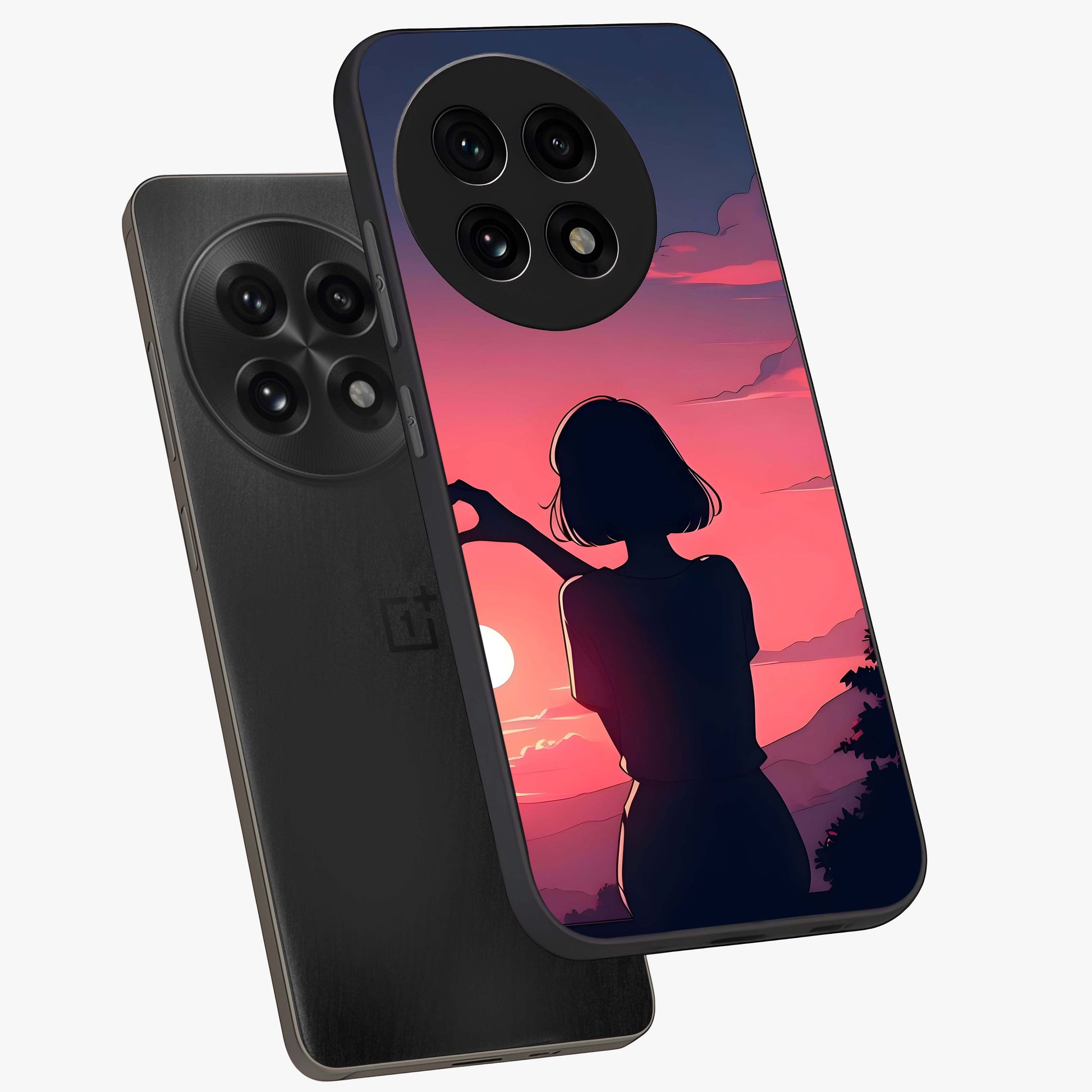 Sunset Silhouette Boy Glass Case for 1+13R angled mockup showcasing glossy finish and rich orange tones