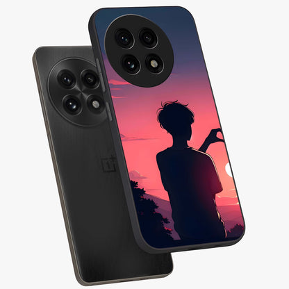 Sunset Silhouette Girl Glass Case for 1+13R angled mockup showcasing glossy finish and warm gradient tones