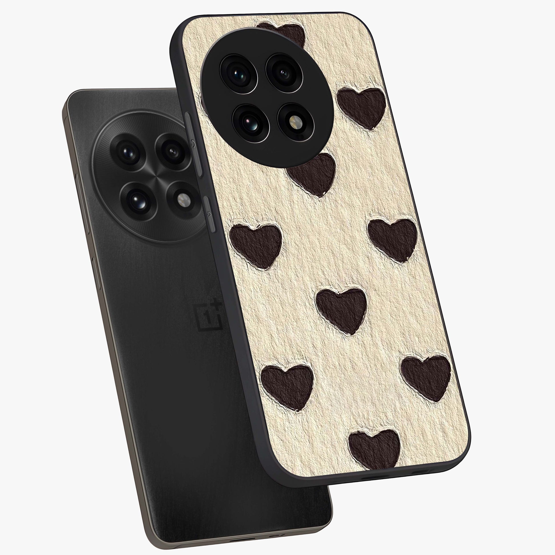 Textured Love Pattern Glass Case for 1+13R angled mockup showcasing glossy finish and subtle pattern detailing