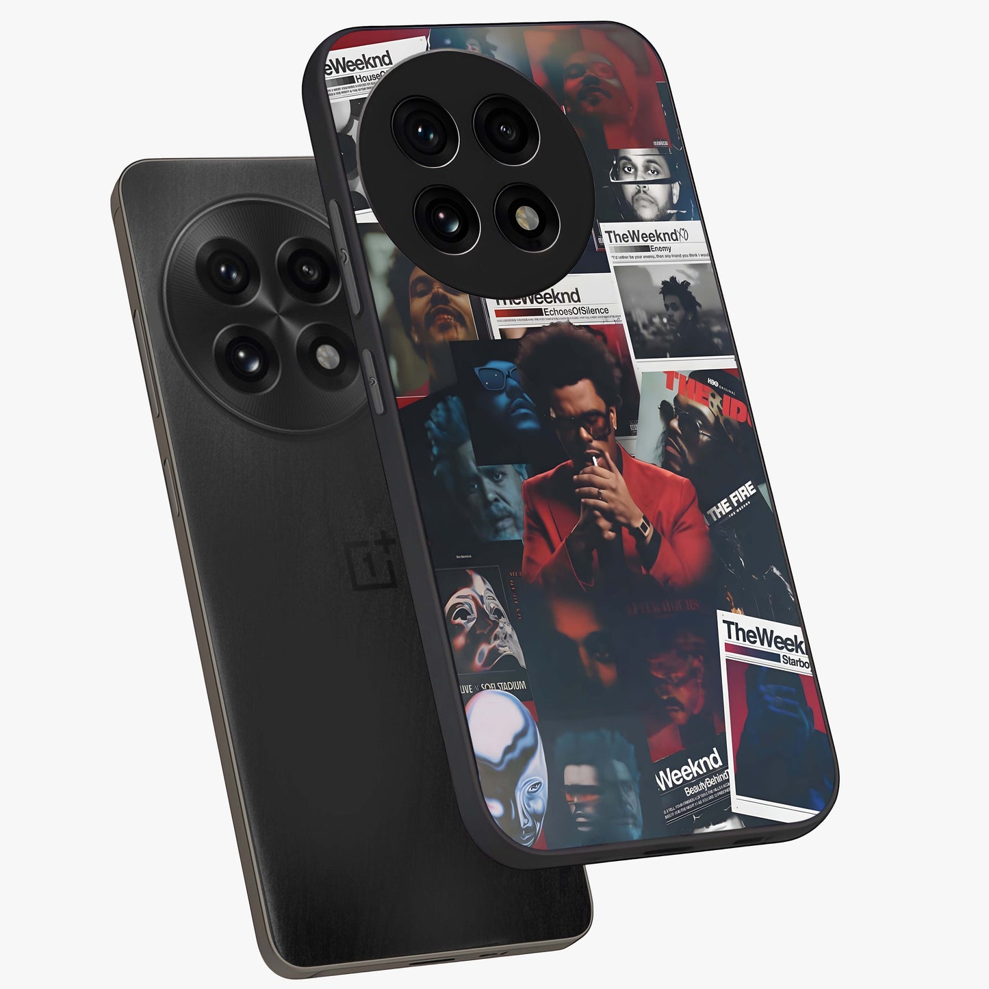 The Weeknd Glass Case for 1+13R angled mockup showcasing glossy finish and bold modern tones