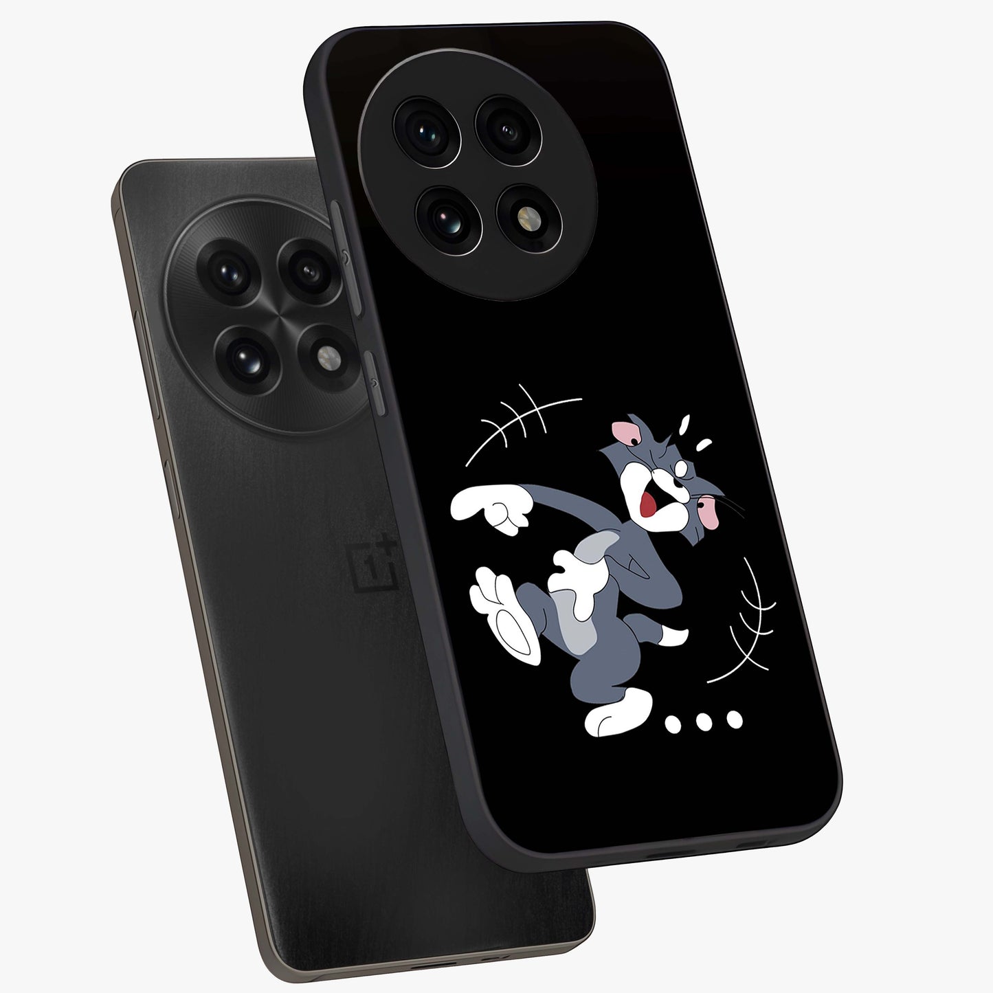 Tom in Trouble Glass Case for 1+13R angled mockup showcasing glossy finish and vibrant cartoon detailing