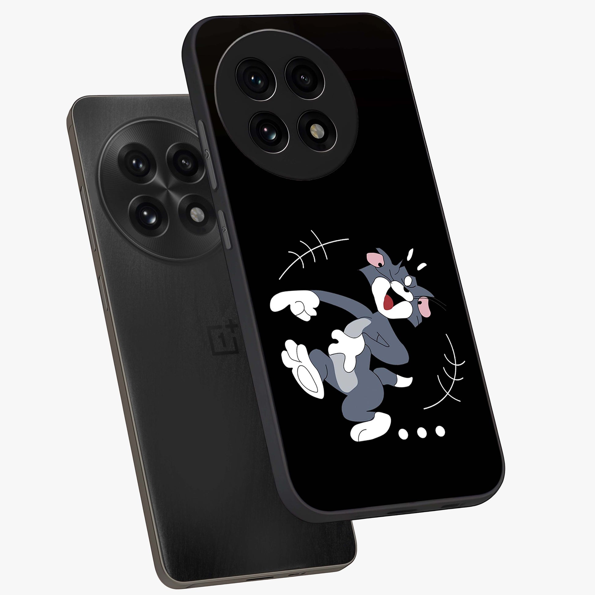 Tom in Trouble Glass Case for 1+13R angled mockup showcasing glossy finish and vibrant cartoon detailing