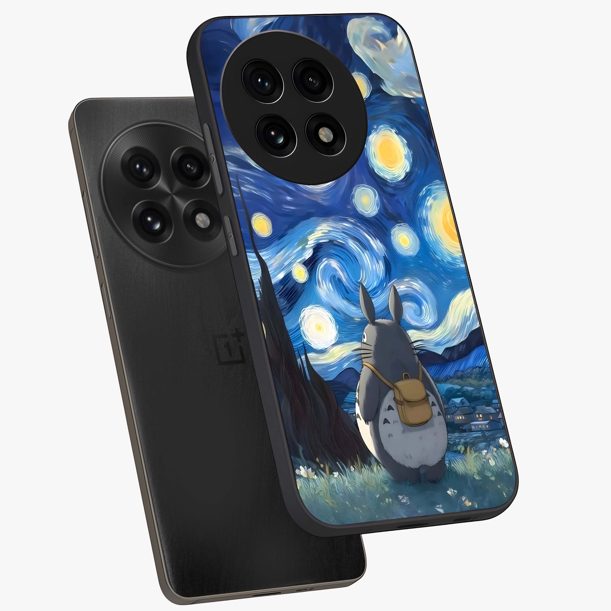 Totoro in Van Gogh Art Glass Case for 1+13R angled mockup showcasing glossy finish and vibrant brushstroke detailing