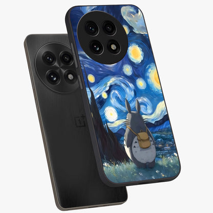 Totoro in Van Gogh Art Glass Case for 1+13R angled mockup showcasing glossy finish and vibrant brushstroke detailing