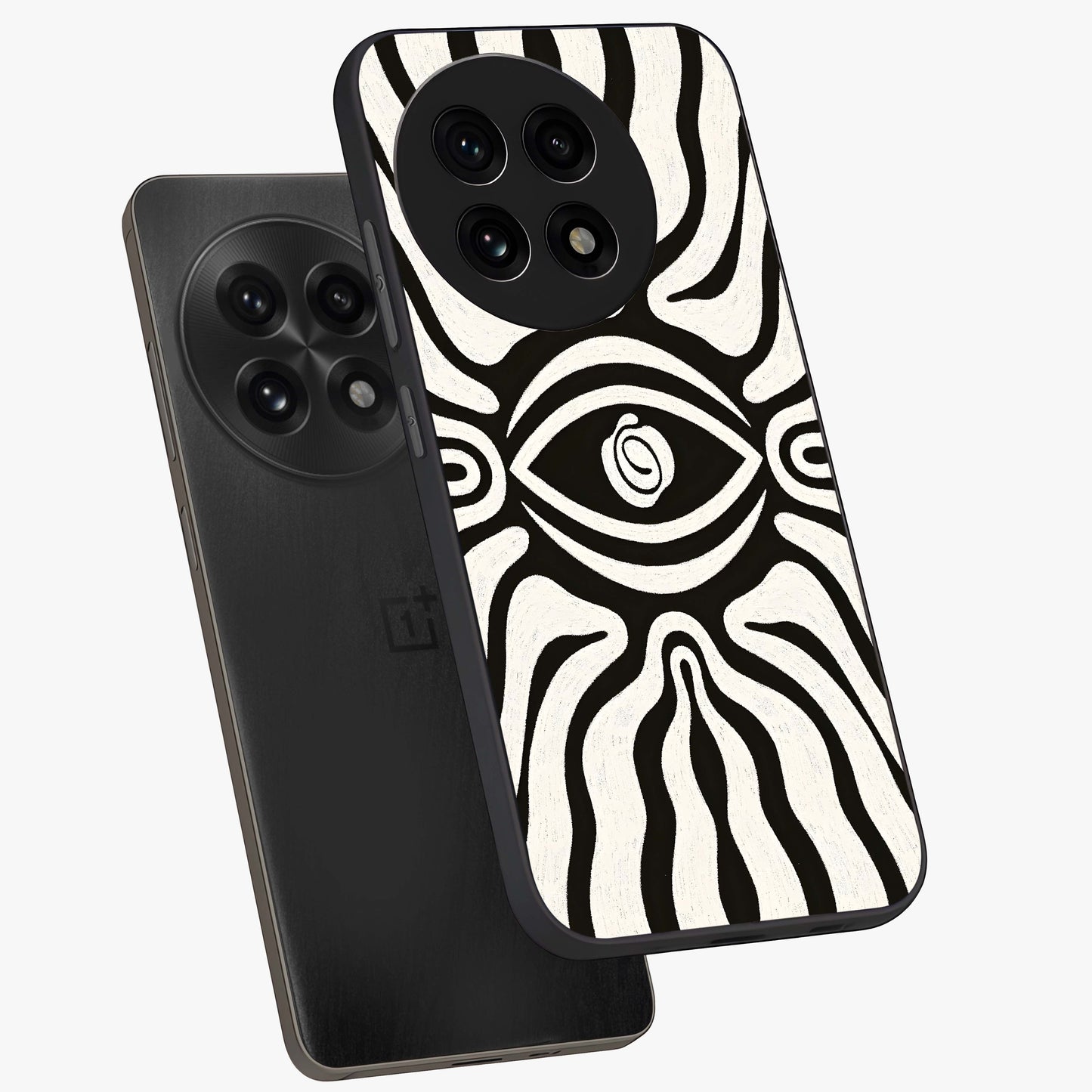 Trancewave Illusion Art Glass Case for 1+13R angled mockup showcasing glossy finish and psychedelic detailing