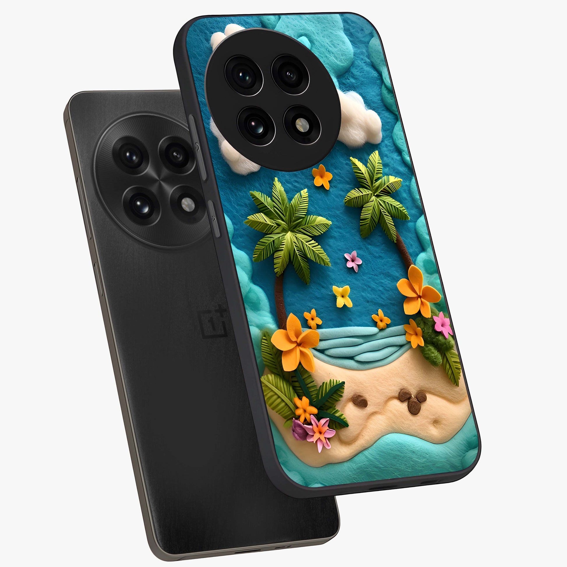 Tropical Felt Escape Glass Case for 1+13R angled mockup showcasing glossy finish and vibrant island tones