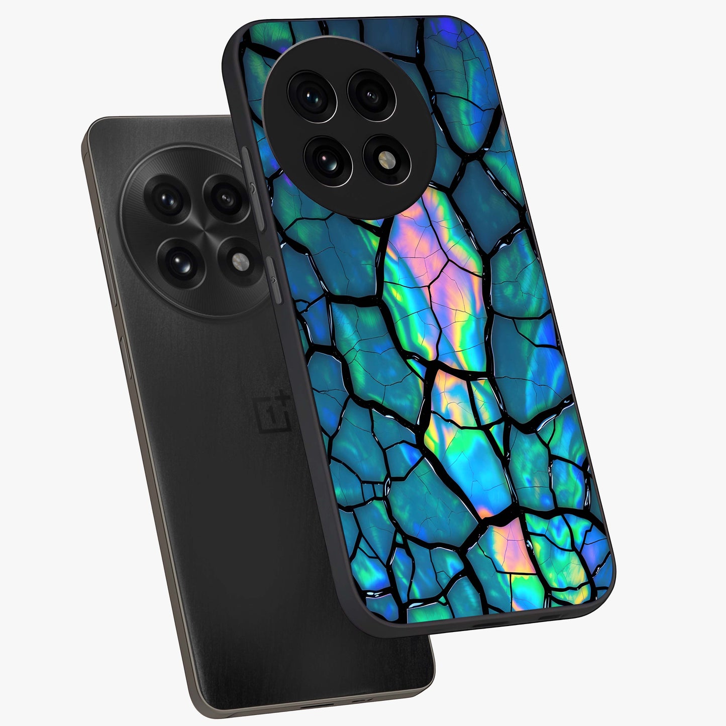 Tropical Wing Vibe Glass Case for 1+13R angled mockup showcasing glossy finish and bold gradient detailing