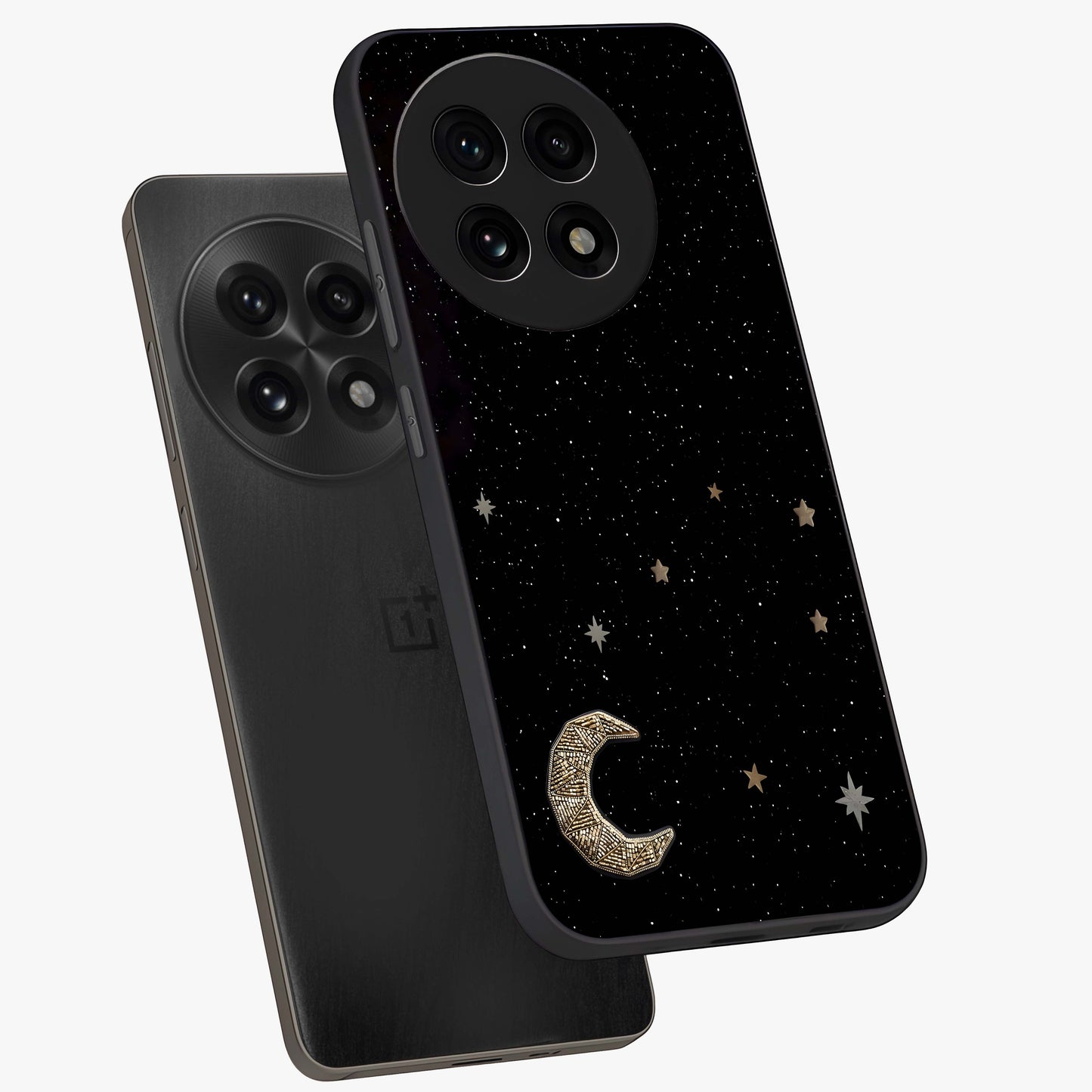 Twinkle Star With Half Moon Glass Case for 1+13R angled mockup showcasing glossy finish and celestial night tones