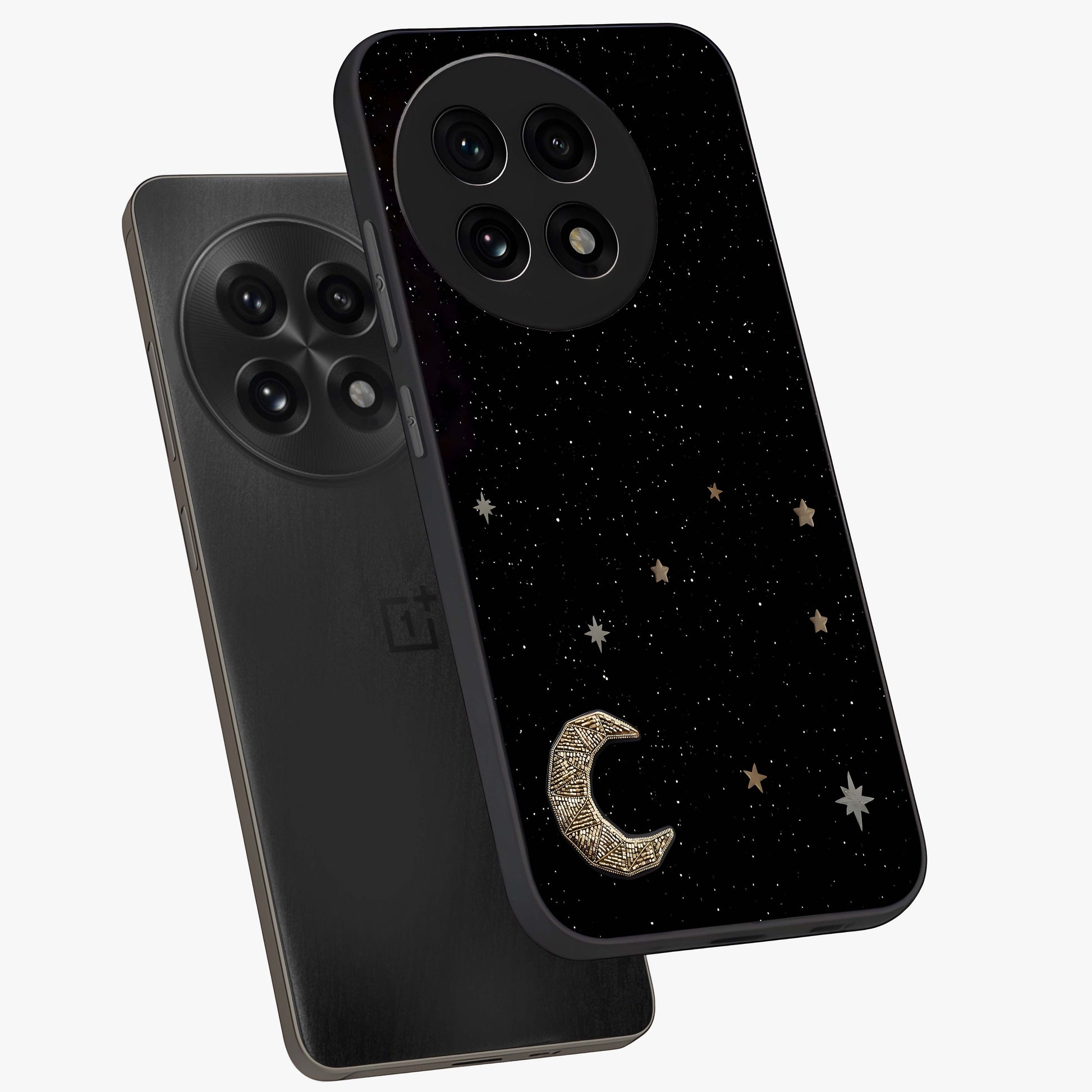 Twinkle Star With Half Moon Glass Case for 1+13R angled mockup showcasing glossy finish and celestial night tones