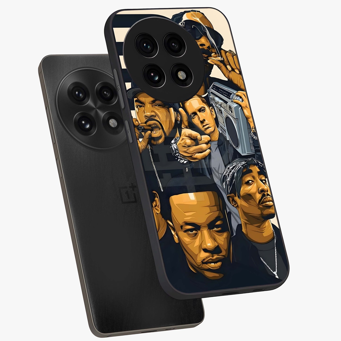 Urban Rap Legends Glass Case for 1+13R angled mockup showcasing glossy finish and edgy urban detailing