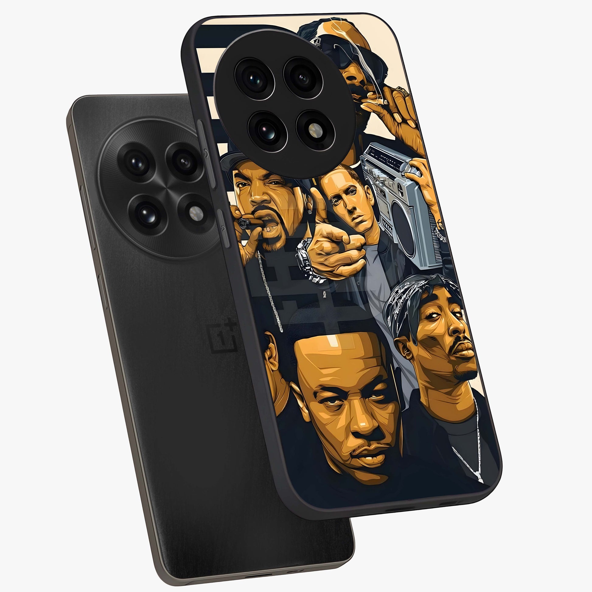 Urban Rap Legends Glass Case for 1+13R angled mockup showcasing glossy finish and edgy urban detailing