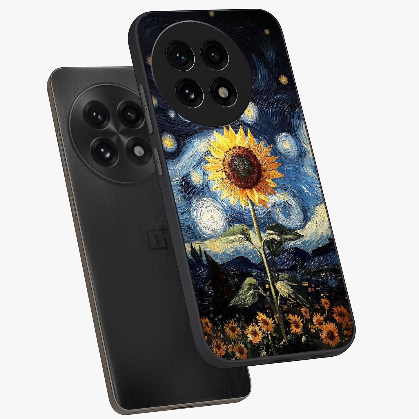 Van Gogh Sunflower Glass Case for 1+13R angled mockup showcasing glossy finish and bold yellow tones