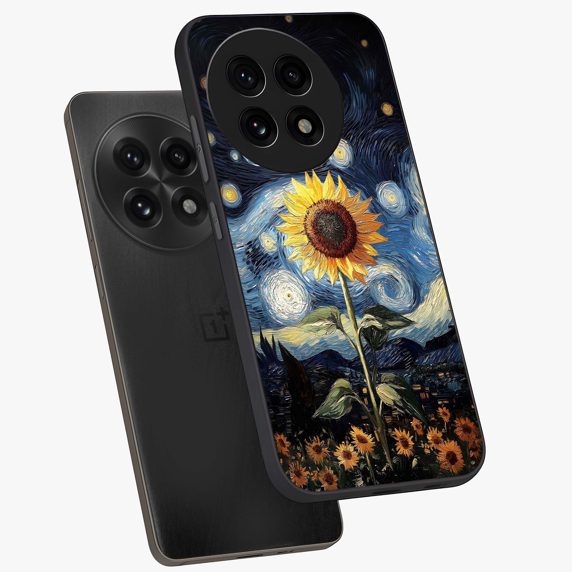 Van Gogh Sunflower Glass Case for 1+13R angled mockup showcasing glossy finish and bold yellow tones